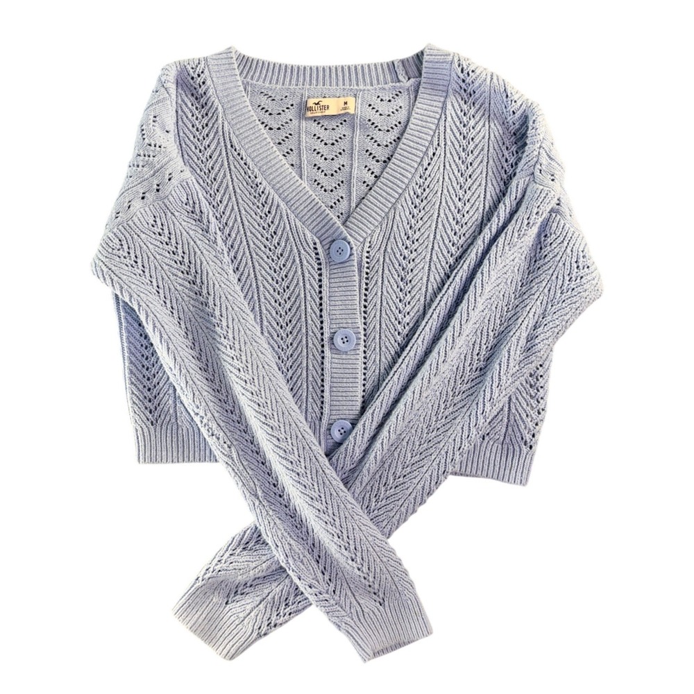 Hollister Womens Cropped Pointelle Knit Cardigan Sweater Blue V-Neck Medium - Picture 1 of 8